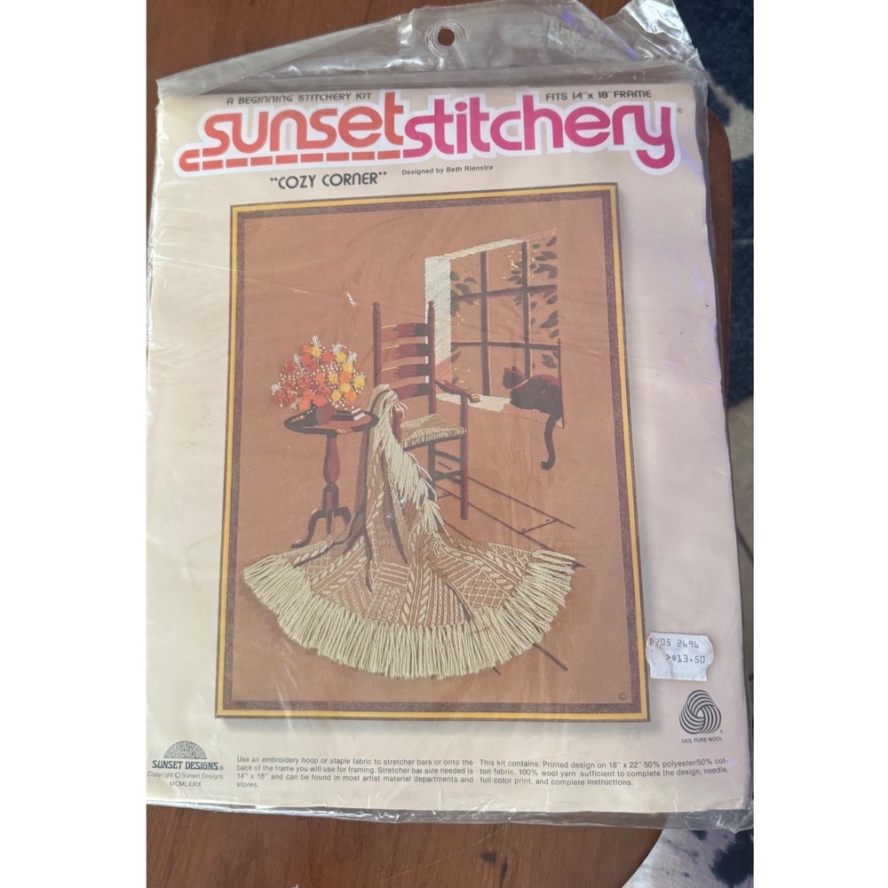 Vintage 1979 Sunset Stitchery Cozy Corner Crewel Kit Beth Rienstra Cat 2696 NOS